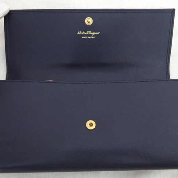 SALVATORE FERRAGAMO wallet Gancini navy blue x gold metal fittings leather long - Picture 3 of 5